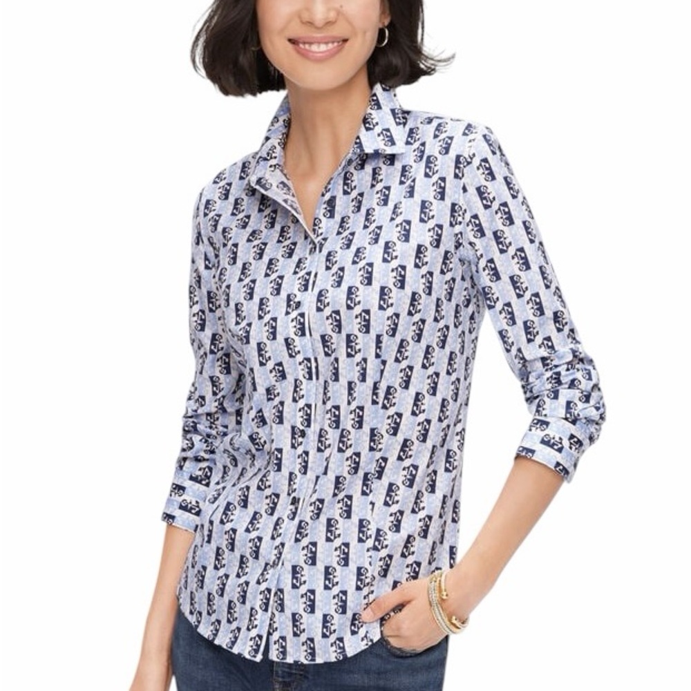 Talbots White Button-Down Shirt with Navy Nautical Anchor Geometric Print 6P